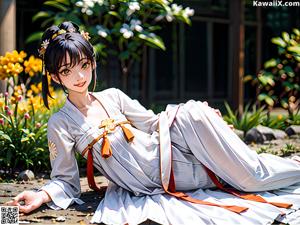 A woman in a white kimono laying on the ground.